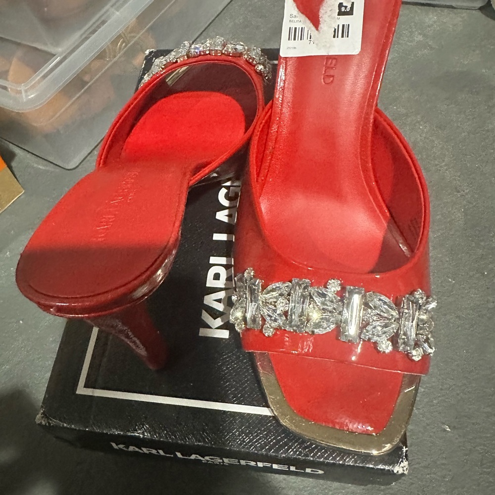 Karl Lagerfeld Red Jeweled Slide Mules